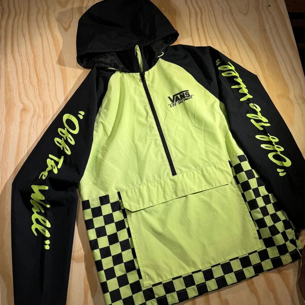 Vans Off The Wall Mens Medium Neon Green Black Checkerboard Anorak Windbreaker